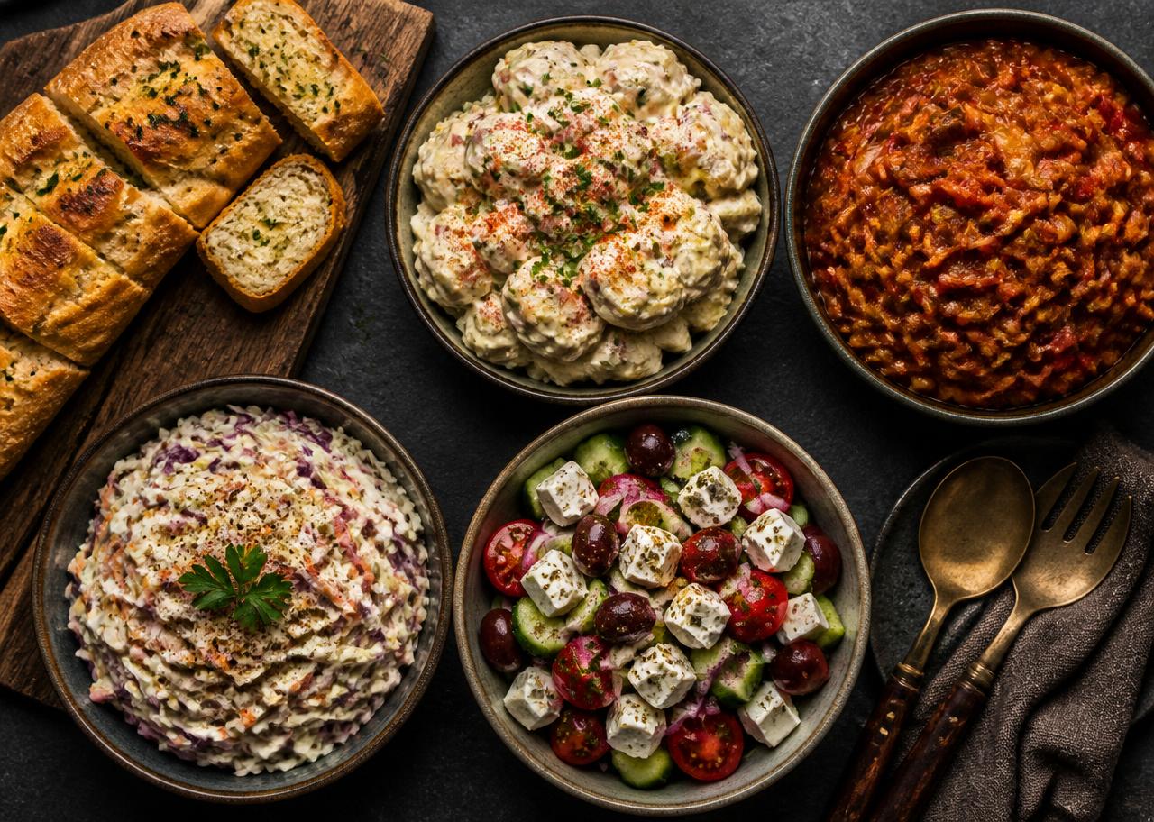 Garlic bread, potato salad, chakalaka, coleslaw and Greek salad on a dark table